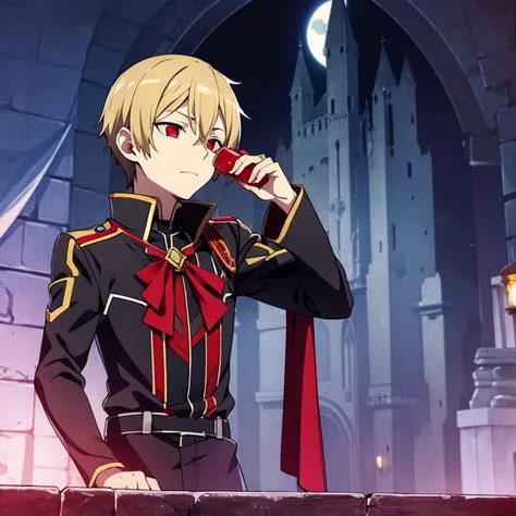 Vampire Eugeo from sao drinking blood with a vampire castle in the back and a dark night