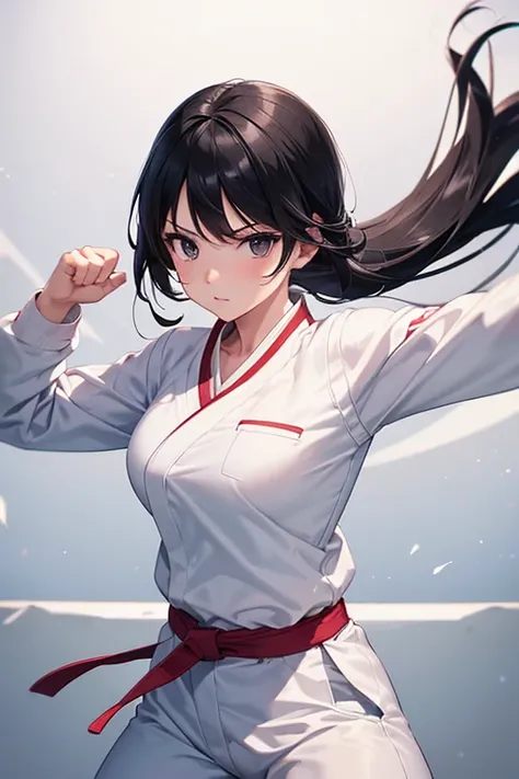 Plain white karate uniform,White collar,karate stance,fighting girl,round kick,alone, 1 girl, looking at the viewer, pure white judo uniform,long sleeve,dojo,white pants,Plain white clothes,black hair,Black belt,