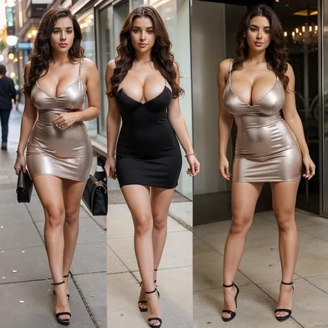 Sexy brunette curly hair, full body shot, sexy outfit, huge breasts, dressed appropriately, high heels, dress, cute outfit, fully dressed, pretty face, perfect hands, realistic, sexy outing, holding purse