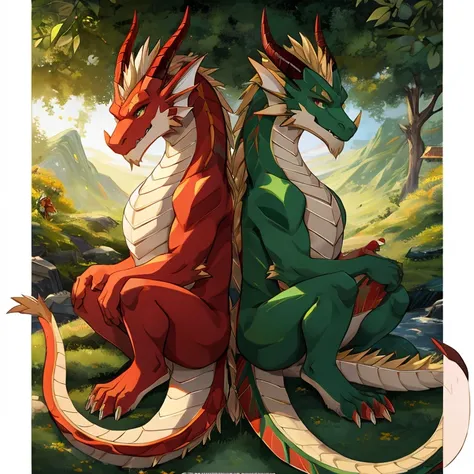 Chinese dragon，red，green，First-born horns，Double paws，Background natural scene