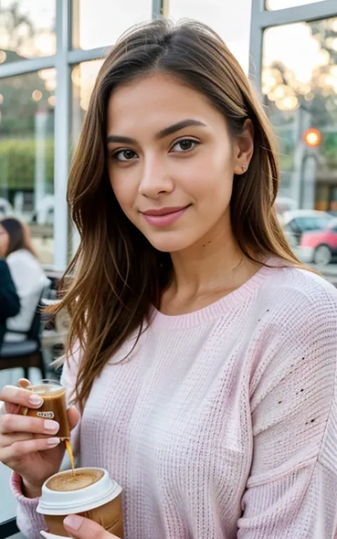 Beautiful blonde in pink sweater (Sipping coffee inside a modern café at sunset), Muy detallado, 21 years, Cara inocente, cabello ondulado natural, ojos azules, high resolution, obra maestra, Mejor calidad, detalles intrincados, muy detallado, Sharp focus,...