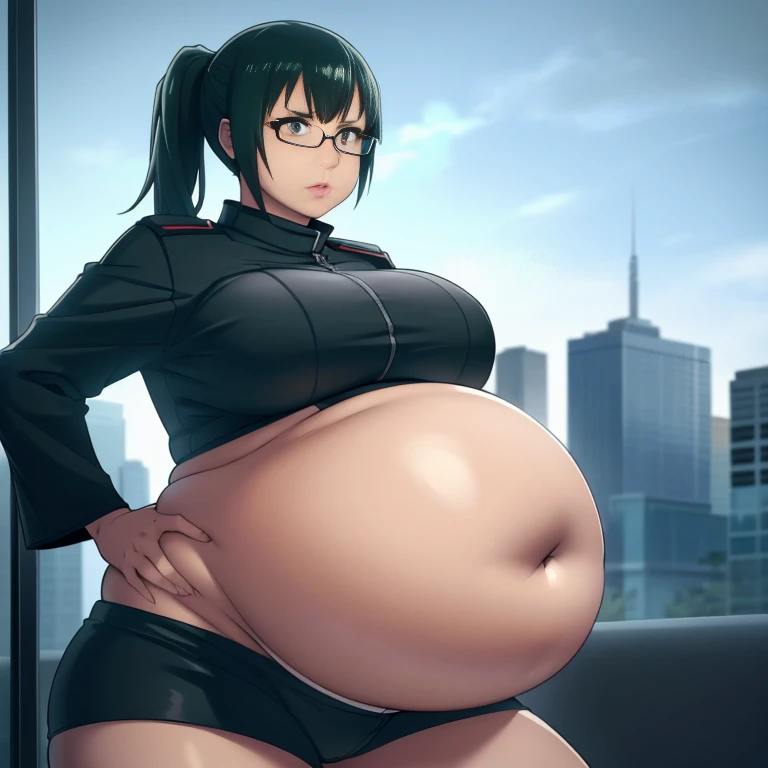 1girl, dark green hair , hair in pony tail, maki zenin from the anime jujutsu kaisen, big plump belly, ((((huge belly))), juicy thighs , pretty face, nose, lips, beautiful eyes, circle glasses, (best quality, masterpiece, 4k, sharp focus), professional pho...