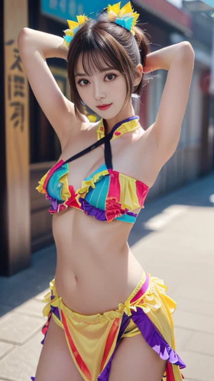 (((very detailed , 8k wallpaper, masterpiece, High resolution, highest quality))), ((Beautiful woman, Model-like posture, acrobatic pose,fighting pose)),((China dress style idol costume, cute and sexy costume with cute colorful frills and sexy slits on the...