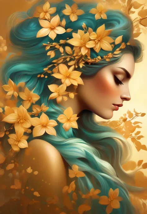 Painting of a beautiful woman in profile with long hair and golden flowers in her hair, beautiful digital illustrations, Beautiful artwork illustration, amazing digital illustrations, beautiful digital artwork, Inspired by Anna Dittman, amazing digital art...