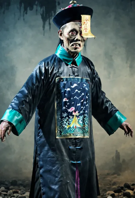 a terrifying qing dynasty zombie stands at the center with arms stretched out at a 90-degree angle, stare fiercely ahead. zombie...