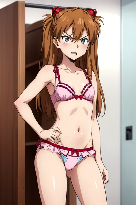 1girl, souryuu asuka langley, (cotton floral underwear, frilly underwear), narrow hips, small butt, changing room, angry, mad, mischievous look, 