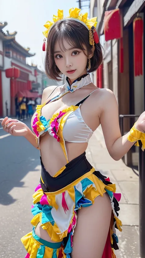 ((very detailed , 8k wallpaper, masterpiece, High resolution, highest quality))),(((acrobatic pose))), ((Beautiful woman, Model-like posture, acrobatic pose,fighting pose),((China dress style idol costume, cute and sexy costume with cute colorful frills an...