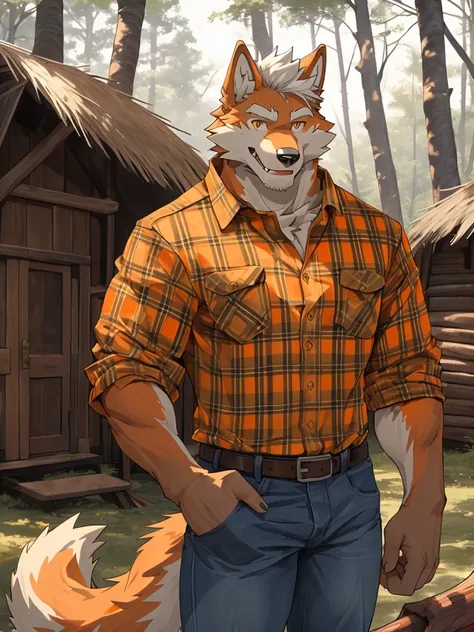 1man, Correct body structure, Correct finger structure, Correct pupil structure, single person, (((orange fur))), wolf, white hair, smile, brown pupils, wolf tail, strong, Forest hut in the back, Logging axes, daddy, Red plaid shirt, blue jeans