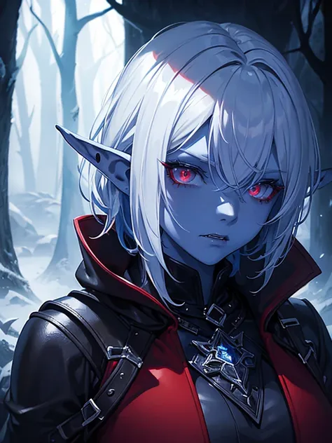 Close up, fantasy world, night, foggy, dark forest, humanoid, elf, her skin is a blue skin color, blue skin colour, red eyes, short messy white hair, emotionless expression, black leather, red leather pieces, leather straps, red cloak, vampire fangs