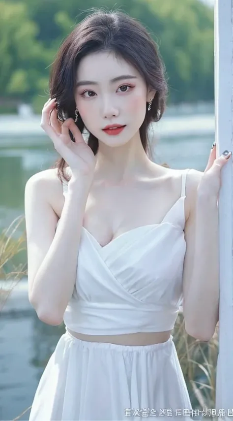 a close up of a woman in a white dress posing for a picture, lovely woman, gorgeous chinese model, beautiful girl model, very beautiful girl, wearing white camisole, beautiful south korean woman, beautiful asian girl, milky white skin, gorgeous young korea...