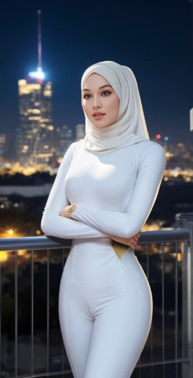 a muslimah woman in hijab, wearing an all-white modern hi-tech supergirl suit, strikes a superhero fighting pose. her hi-tech na...