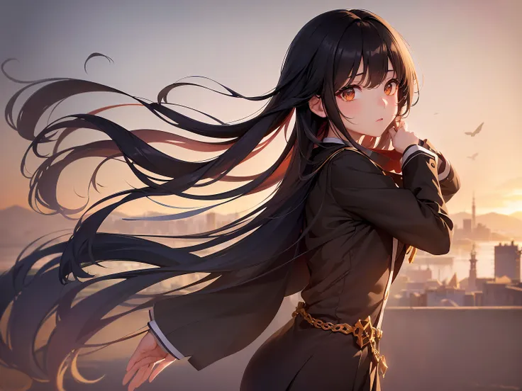 (a beautiful girl is sinking) ,in the sky , brown and black hair, uniform clothes, gradient eyes, anime style, chiaroscuro, depth of field, cinematic lighting, god rays, ray tracing, reflection light, glowing light, (from side(, highres, (masterpiece), bes...