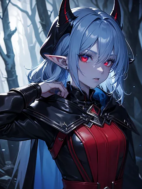 Close up, fantasy world, night, foggy, dark forest, humanoid, elf, her skin is a blue skin color, blue skin colour, red eyes, short messy white hair, emotionless expression, black leather, red leather pieces, leather straps, red cloak, vampire fangs