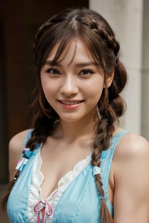 (happy, smiling: 1.1) woman, makeup, braided hair with ribbon, side bangs, kpop dress, (best quality, high resolution: 1.2), ultra-detailed, (realistic: 1, 37), vibrant cores, lighting (soft, warm ), style (portrait, fashion, photography).