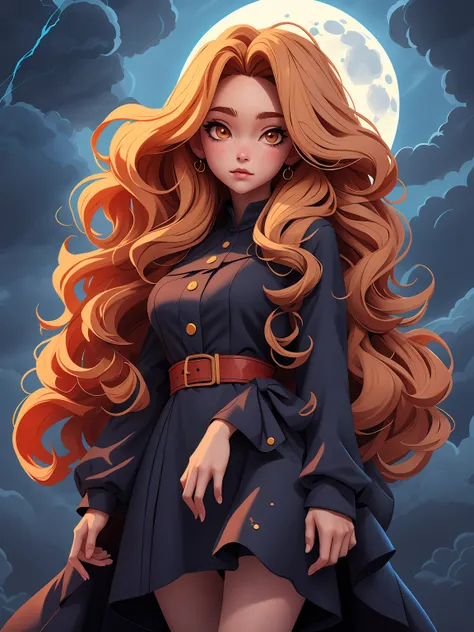 anime girl, cute, massy long curly hair, wearing frock, dark moody, cloudy sky, full of moon in sky Realistic, beautiful, natural lightning, 8k, illustrator, masterpiece, high quality, 8k, high resolution, high detailed, high detailed body