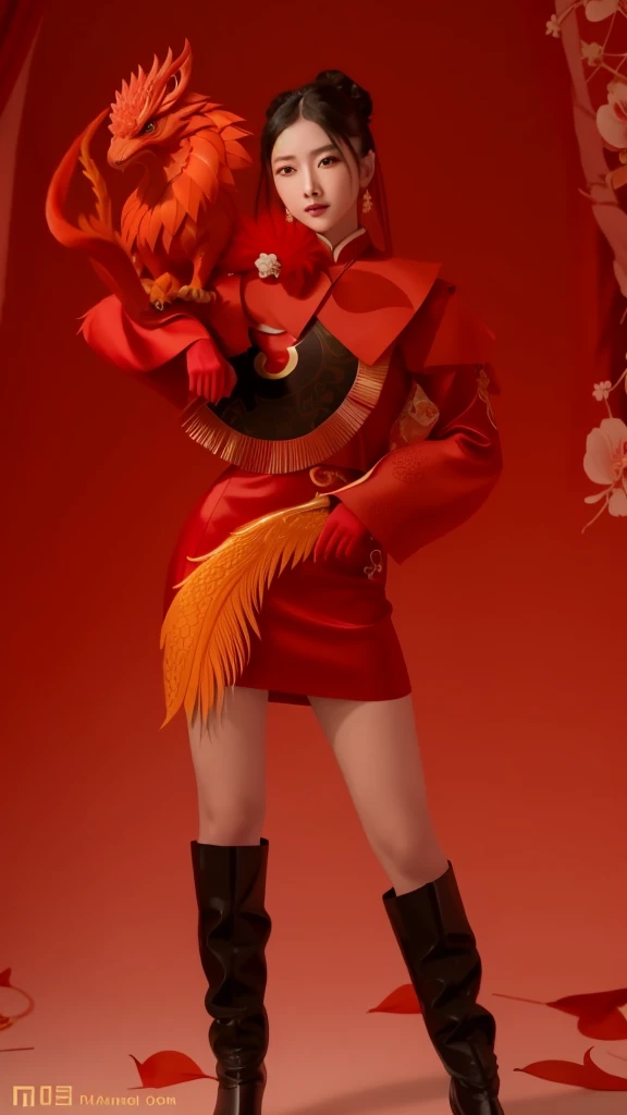 araffe dressed in a red outfit holding a fan and a red dragon, full body xianxia, trending on cgstation, trending at cgstation, wearing a red cheongsam, cai xukun, inspired by Pu Hua, inspired by Wang Meng, sha xi, zhongli from genshin impact, chinese cost...