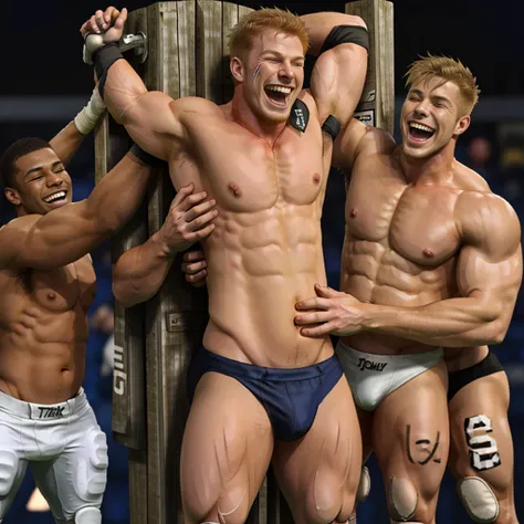 hands all over body) (hands everywhere 1:1) 3men, blonde, ginger, brunette, muscular, shirtless, armpit grab, belly grab, two muscular men dressed as ((football players))tickle a shirtless man (standing by wooden pole) tied up laughing, wearing a speedo, t...