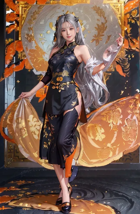 ((highest quality、8K、masterpiece:1.3)), (Cute pattern in gold leaf,  of black cloth, Cheongsam trimmed in orange:1.5), clear, fine-textured skin、beautiful clear eyes、cleavage、Carefree and natural smile、(long hair,silver hair:1.5)、(hair tousled by the wind:...