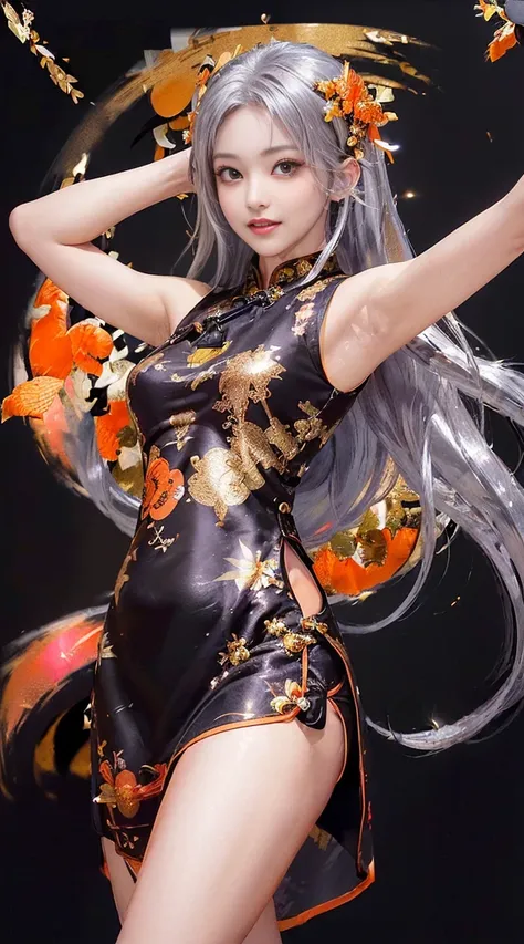 ((highest quality、8K、masterpiece:1.3)), (Cute pattern in gold leaf,  of black cloth, Cheongsam trimmed in orange:1.5), clear, fine-textured skin、beautiful clear eyes、cleavage、Carefree and natural smile、(long hair,silver hair:1.5)、(hair tousled by the wind:...