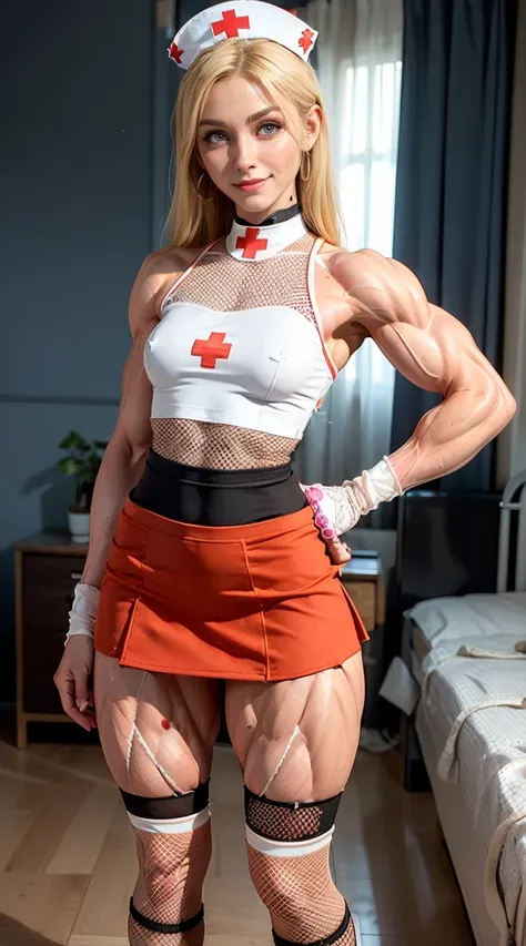 (Muscular:2), (thick muscular thighs, wide hips:2), (blonde female:1.5), (bangs:1), adult, long hair, wearing glasses, earings, eyeshadow, lipstick, bokeh, (eight pack abs:0.6), (freckles:0.9), (upper body view), (striations), (hard nipples:1.1), (small pe...