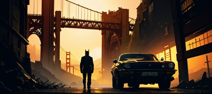 Marlister realist，
 Batman is standing next to his Batmobile, The Golden Gate Bridge can be seen in the distance，a picture inspired by roger deakins, unsplash, conceptual art, in roger deakins style, cinematography roger deakins, Dimly lit scene, clemens a...