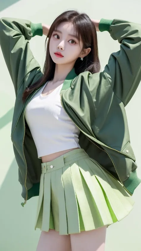 araffe woman in a green jacket and white top posing for a picture, tzuyu from twice, she is dancing. realistic, korean girl, ulzzang, ruan cute vtuber, inspired by Song Maojin, inspired by Huang Ji, green colored bomber jacket, young and cute girl, gorgeou...