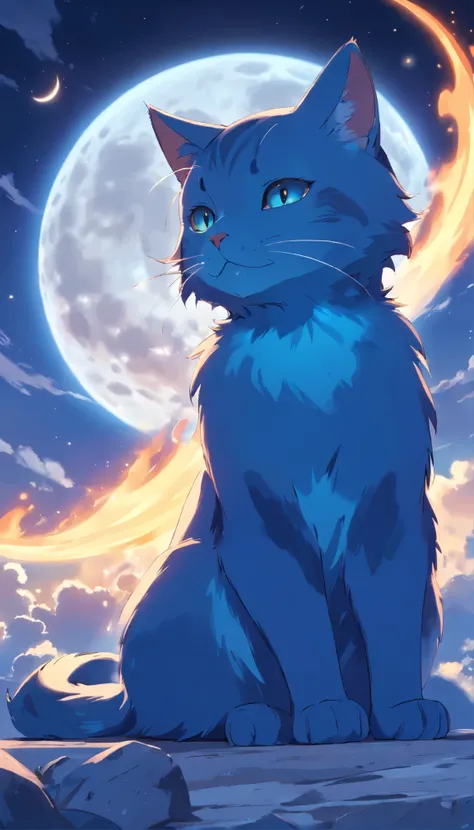 best quality, 8k, A blue cat with blue flames all over its body lies on the moon, cloudscape