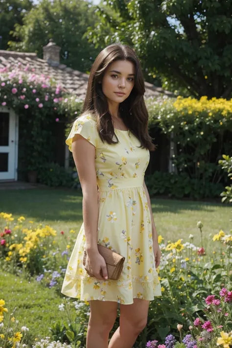  Brunette  in a flower garden wearing a yellow dress