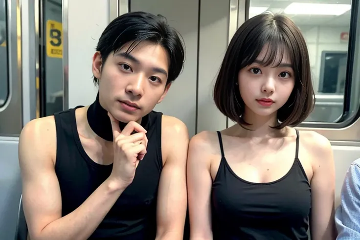 (1 teen girl sitting between 2 old men:2,close to each other:1.2,wrapping old man’s arm around girl’s shoulder),(very cute face,embarrassed:1.2),bob cut,tank top,inside train,perfect anatomy, masterpiece, best quality,8k,perfect face,from front,upper body