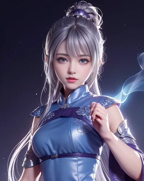 (((masterpiece))), (((highest quality))), ((super detailed)), (Detailed CG illustration), cinematic light, intricate details,
whole body, Little,
1 girl, gray hair, ponytail, purple eyes, (ninja), Short sword, medium burrito ,scarf, wallpaper, magic circle...