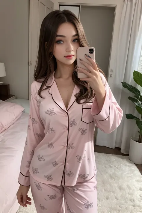 beautiful girl 23 years old in cute pink pajamas, beautiful blue eyes, perfect body