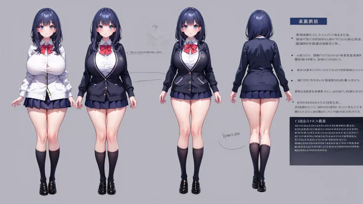 girl, solo, full body, from head to toe, standing, (Huge_Breasts:1.3), short skirt,

reference sheet, model sheet,

rikka takarada, black hair, blue eyes, long hair, orange scrunchie, scrunchie, wrist scrunchie,

black footwear, black skirt, bow, bowtie, b...