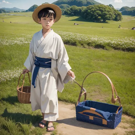  High resolution, Super detailed, masterpiece, highest quality,oriental、boy、boy working in the field、grassland、Basket Bag、Wearing traditional Japanese costumes、Japan Ancient Hairstyles、game poster、alone、