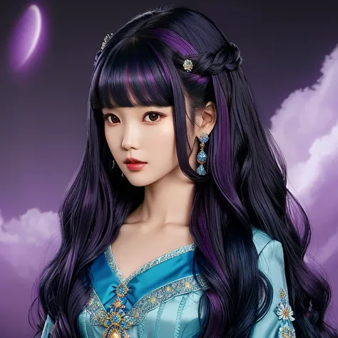 a closeup of a deity woman with wavy hair and blue princess dress, black hime cut hairstyle of lee ji-eun, with long hair and pu...