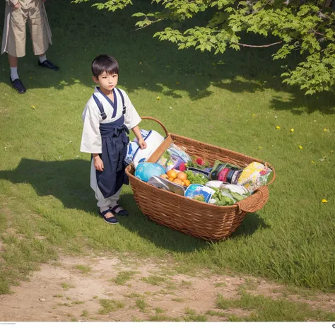  High resolution, Super detailed, masterpiece, highest quality,oriental、boy、boy working in the field、grassland、Basket Bag、Wearing traditional Japanese costumes、game poster、alone、