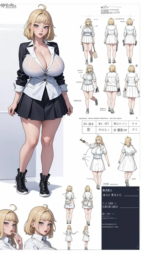 girl, solo, full body, from head to toe, standing, (Huge_Breasts:1.3), short skirt,

Character Design Sheet, character reference sheet, character turn around,

minami_fuyuki, ahoge,