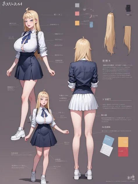 girl, solo, full body, from head to toe, standing, (Huge_Breasts:1.3), short skirt,

Character Design Sheet, character reference sheet, character turn around,

minami_fuyuki, ahoge,