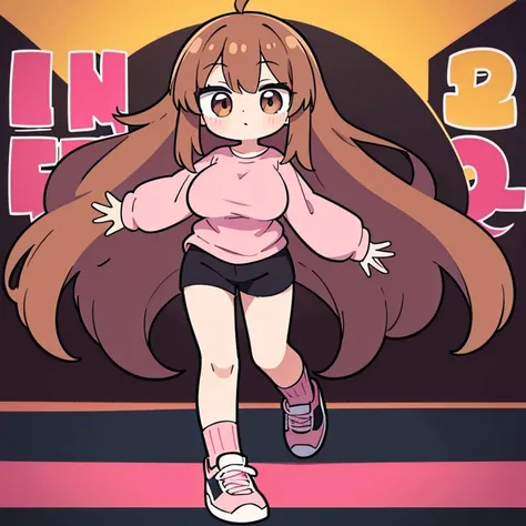 best quality, 8k, manga cover, 25 year old girl, long brown hair, pink shirt, black shorts, white sneakers, brown eyes, gigantic breasts