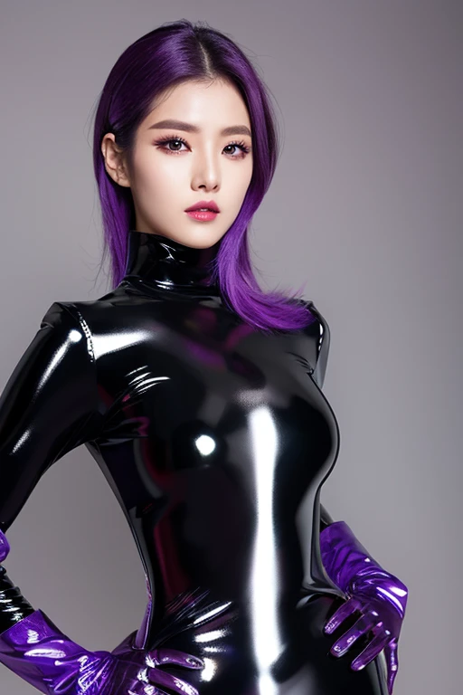 woman, black eyeshadow, Black lips, deep makeup, black leather Gloves, Close-fitting shiny bright PURPLE turtleneck Full Bodysuits,