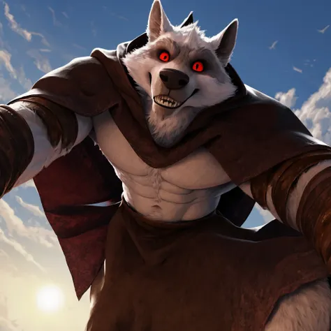 best quality, ultra high res,1furry boy， solo，detailed eyes, volumetric lighting, amazing, finely detail, cowboy shot, cloak , white fur, red eyes, white sclera, bright pupils, bright atmosphere, muscular, upper body, from below