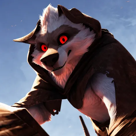 best quality, ultra high res,1furry boy， solo，detailed eyes, volumetric lighting, amazing, finely detail, cowboy shot, cloak , white fur, red eyes, white sclera, bright pupils, bright atmosphere, muscular, upper body, from below