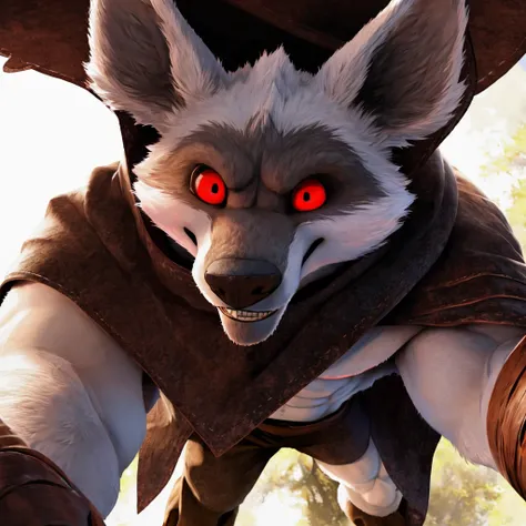 best quality, ultra high res,1furry boy， solo，detailed eyes, volumetric lighting, amazing, finely detail, cowboy shot, cloak , white fur, red eyes, white sclera, bright pupils, bright atmosphere, muscular, upper body, from below