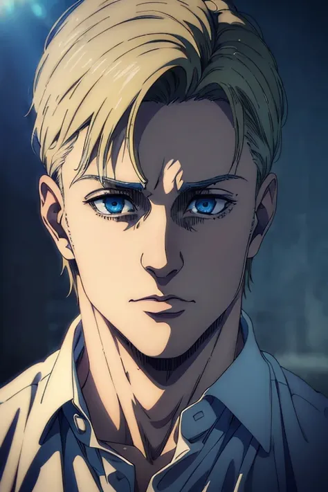 (best quality,highres,masterpiece:1.2),ultra-detailed,(realistic,photorealistic,photo-realistic:1.37),Male character,Mappa art style,Blue eyes,Medium blonde hair,Sharp jawline,Blue shirt