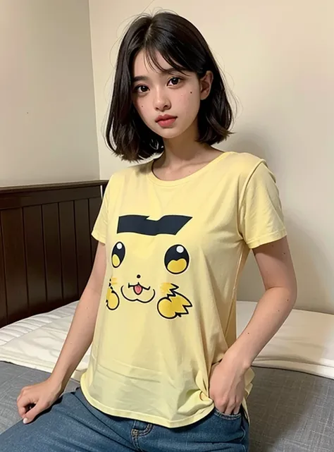 Uma adolescente, no one else in the background, delicate features, olhos grandes, sensual lips, corpo sexy, golden ratio, franja, cabelos cacheados, cabelo rosa claro, peito alto, camiseta Pikachu seios grandes, barriga, uma  muito bonita, cabelo azul clar...