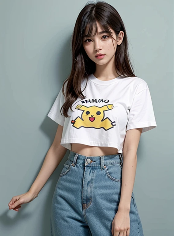 Uma adolescente, no one else in the background, delicate features, olhos grandes, sensual lips, corpo sexy, golden ratio, franja, cabelos cacheados, cabelo rosa claro, peito alto, camiseta Pikachu seios grandes, barriga, uma  muito bonita, cabelo azul clar...