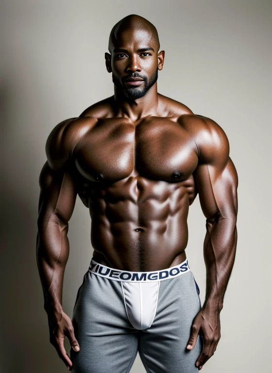 perfecteyes (Best quality), (masterpiece), (highly detailed:1.3), (analog:1.2), (high sharpness), Full body image of an extremely handsome African American man (42 yr old), standing pose,  bald head, big muscles, hazel eyes, gazing seductively at the camer...