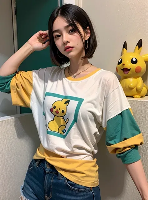 Uma adolescente, no one else in the background, delicate features, olhos grandes, sensual lips, corpo sexy musculosa, golden ratio, franja, cabelos cacheados, cabelo rosa claro, peito alto, camiseta Pikachu seios grandes, barriga, uma  muito bonita, cabelo...