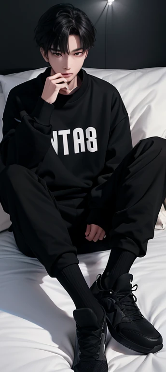 1 Korean Youth，male，20 years old，High，Height 180 cm，Hair is medium length，Black sweatshirt，black pants，White sport socks，sit on the edge of the bed，Stretch out your feet，Badass anime 4k ，POV perspective，Handsome，cold，looking at camera