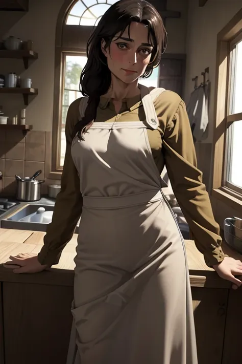 masterpiece, best quality, absurdres, perfect anatomy, 1girl, solo, carla yeager, long hair, hair over shoulder, apron, long ski...