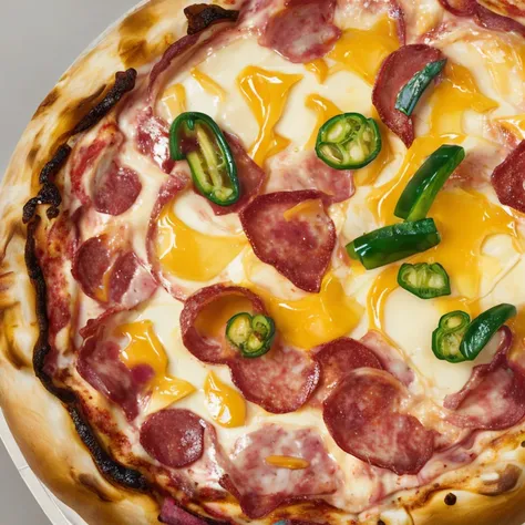 (high quality masterpiece:1.5), 1pizza, (melted cheese, bacon strips, pepperoni, jalapeno, layered fillings), view from above, photorealistic, high details, intricate, sharp focus, 8K, HD, Full-HD, Ultra-HD, Super-Resolution, Megapixel, noon, subsurface sc...